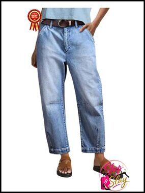 Women's Cropped Barrel Jeans Mid Rise Pull On Denim Pants with Pockets